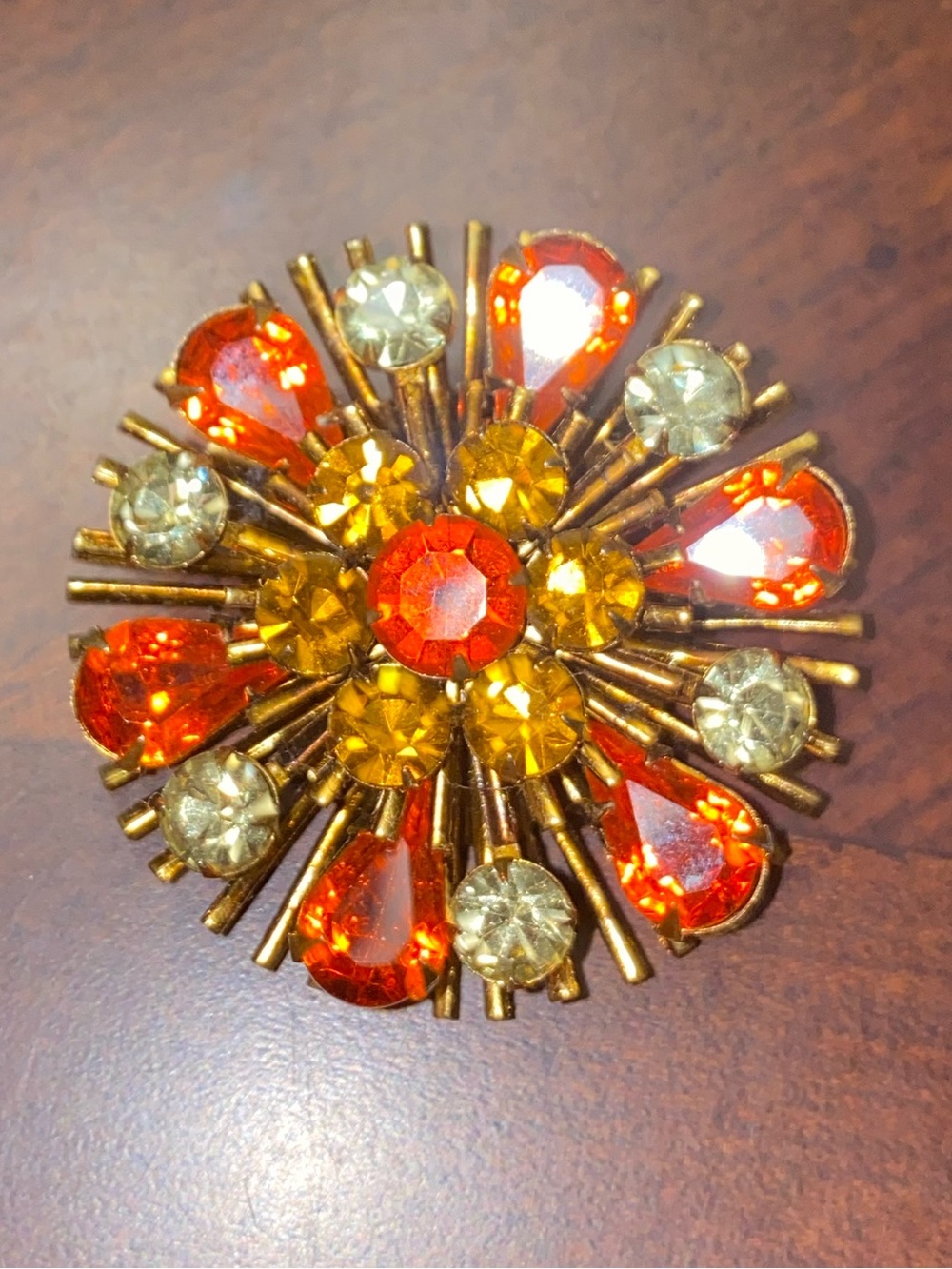 Vintage 1960s Atomic Sputnik Sunburst Orange Topaz Rhinestone Brooch Pin 2”